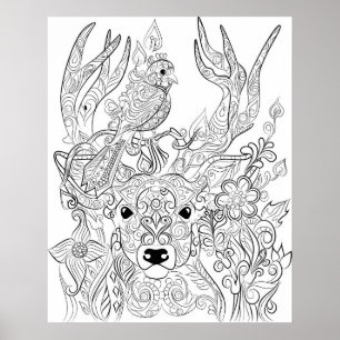 Deer and Bird drawing adult colouring poster