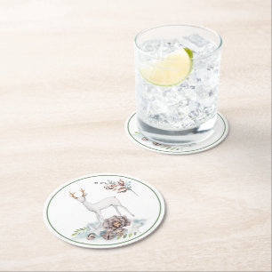Deer and Christmas Decorations in Pastels Round Paper Coaster