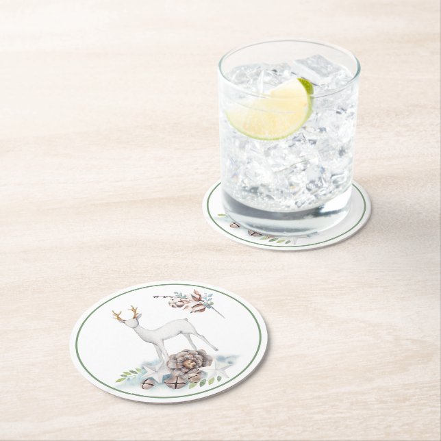 Deer and Christmas Decorations in Pastels  Round Paper Coaster (Insitu)