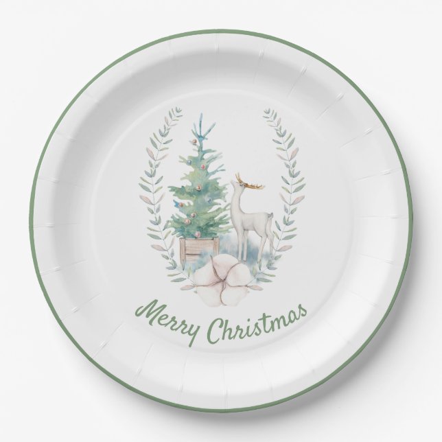 Deer and Christmas Tree Holiday  Paper Plate (Front)