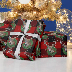 Deer and Christmas Wreath In Snowflakes Wrapping Paper