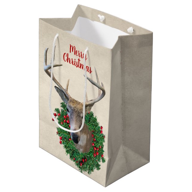 Deer and Christmas Wreath Medium Gift Bag (Front Angled)