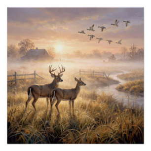 Deer and Ducks in Morning Mist Poster