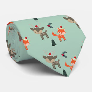 Deer And Fox In Santa Hats Whimsical Christmas Tie
