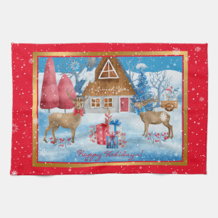 Deer and Gifts on Holiday Evening Customise Tea Towel
