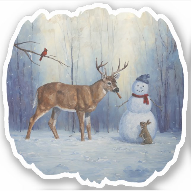 Deer and Happy Snowman Winter Holiday Scene (Front)