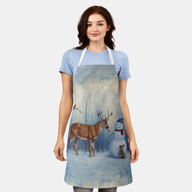 Deer and Happy Snowman Winter Holiday Scene Apron (Worn)