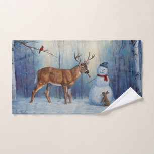 Deer and Happy Snowman Winter Holiday Scene Bath Towel Set