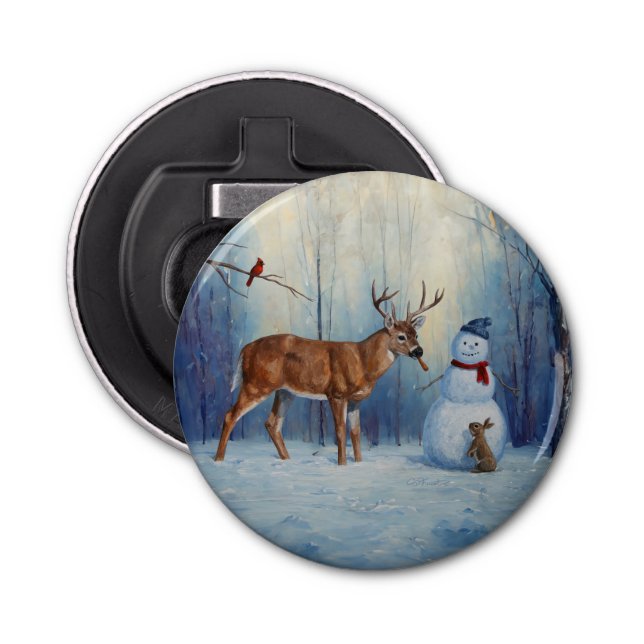 Deer and Happy Snowman Winter Holiday Scene Bottle Opener (Front)