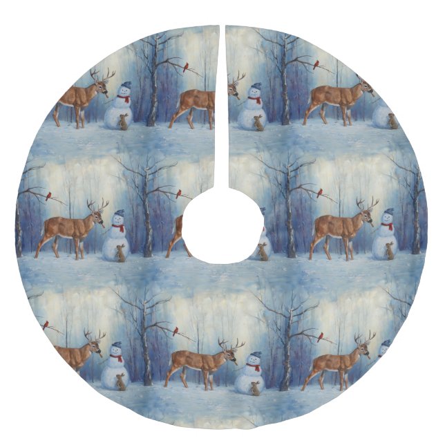 Deer and Happy Snowman Winter Holiday Scene Brushed Polyester Tree Skirt (Front)