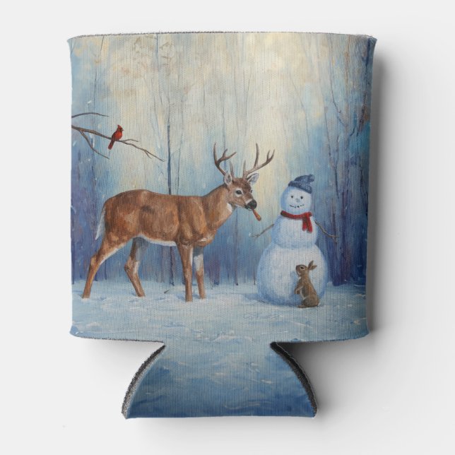 Deer and Happy Snowman Winter Holiday Scene Can Cooler (Front)