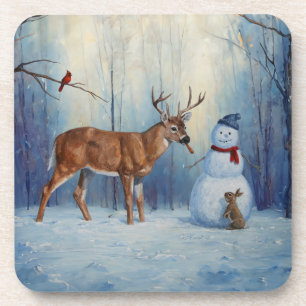 Deer and Happy Snowman Winter Holiday Scene Coaster