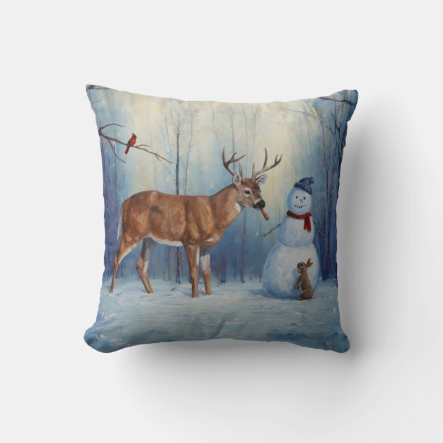 Deer and Happy Snowman Winter Holiday Scene Cushion (Front)