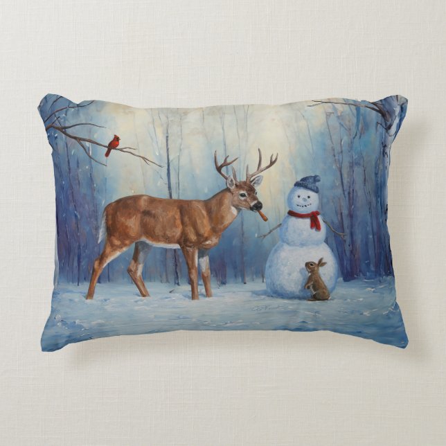 Deer and Happy Snowman Winter Holiday Scene Decorative Cushion (Front)