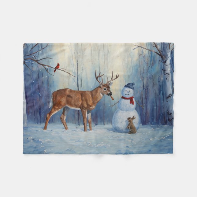 Deer and Happy Snowman Winter Holiday Scene Fleece Blanket (Front (Horizontal))