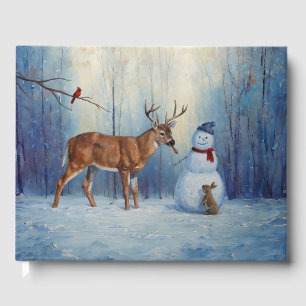 Deer and Happy Snowman Winter Holiday Scene Guest Book