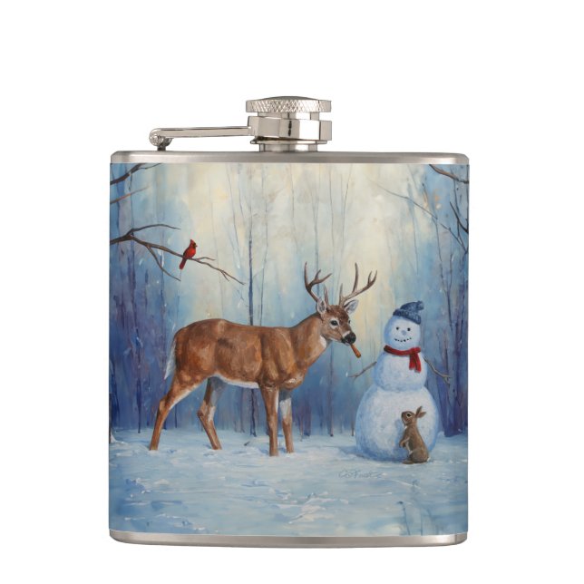 Deer and Happy Snowman Winter Holiday Scene Hip Flask (Front)