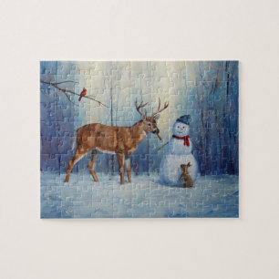 Deer and Happy Snowman Winter Holiday Scene Jigsaw Puzzle