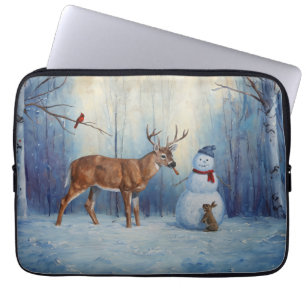 Deer and Happy Snowman Winter Holiday Scene Laptop Sleeve