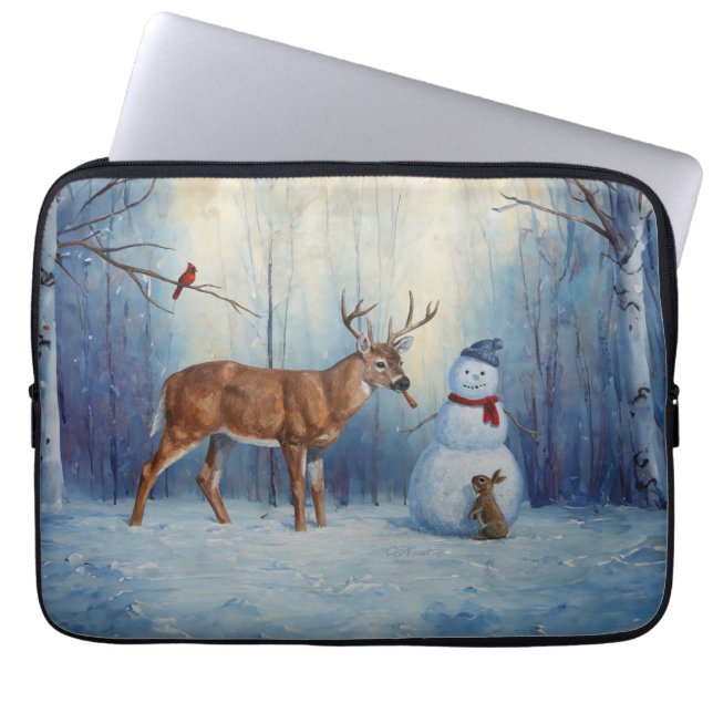 Deer and Happy Snowman Winter Holiday Scene Laptop Sleeve (Front)