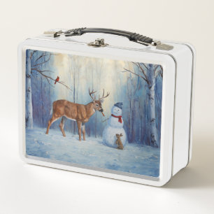 Deer and Happy Snowman Winter Holiday Scene Metal Lunch Box