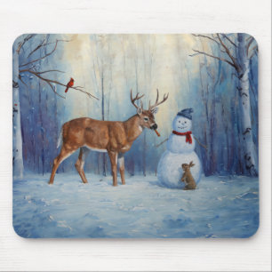 Deer and Happy Snowman Winter Holiday Scene Mouse Pad