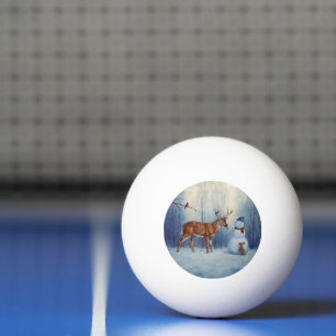 Deer and Happy Snowman Winter Holiday Scene Ping Pong Ball