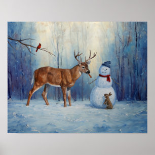 Deer and Happy Snowman Winter Holiday Scene Poster