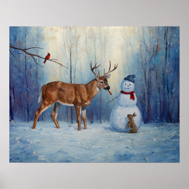Deer and Happy Snowman Winter Holiday Scene Poster (Front)