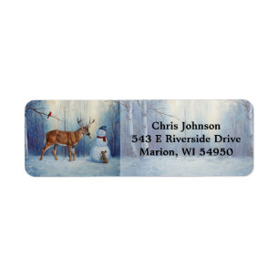 Deer and Happy Snowman Winter Holiday Scene Return Address Label