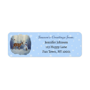 Deer and Happy Snowman Winter Holiday Scene Return Address Label