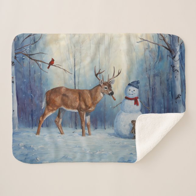 Deer and Happy Snowman Winter Holiday Scene Sherpa Blanket (Front (Horizontal))