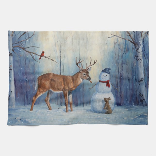 Deer and Happy Snowman Winter Holiday Scene Tea Towel (Horizontal)