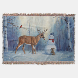 Deer and Happy Snowman Winter Holiday Scene Throw Blanket