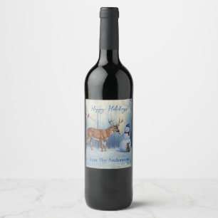Deer and Happy Snowman Winter Holiday Scene Wine Label