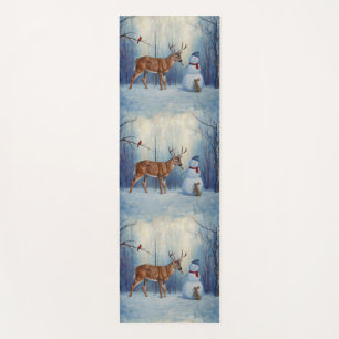 Deer and Happy Snowman Winter Holiday Scene Yoga Mat