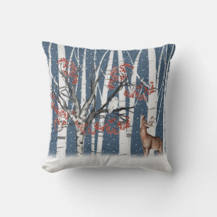 Deer And Owl In Birch Tree Forest Cushion