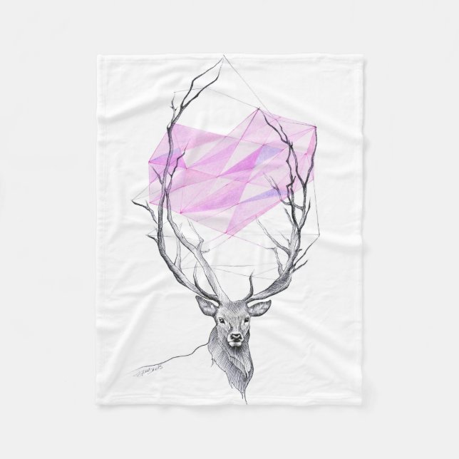 Deer and pink geometric heart drawing Animal art Fleece Blanket (Front)