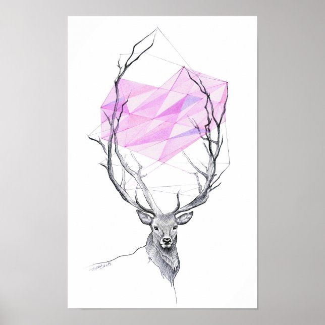 Deer and pink geometric heart drawing Animal art Poster (Front)