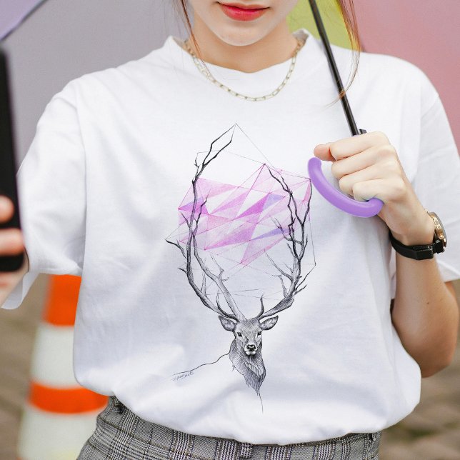 Deer and pink geometric heart Elegant Animal art T-Shirt (Creator Uploaded)