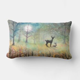 Deer and Rabbit Watercolor Fantasy Wildlife Art Lumbar Cushion