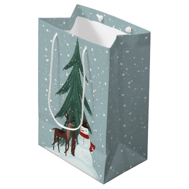 Deer and Snowman in Snowflakes Medium Gift Bag (Front Angled)