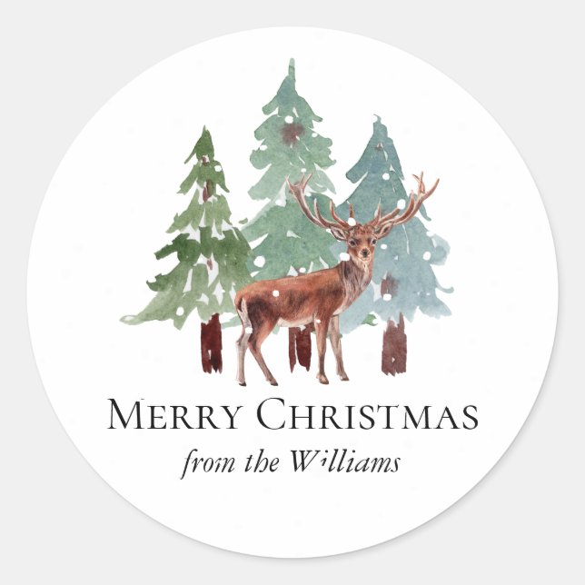 Deer And Snowy Pine Christmas  Classic Round Sticker (Front)