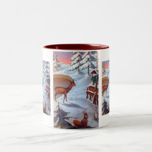 Deer and squirrel snow scene Two-Tone coffee mug