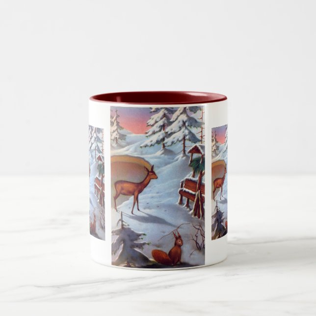 Deer and squirrel snow scene Two-Tone coffee mug (Center)