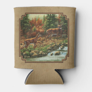 Deer and Stream Waterfall Tan Can Cooler