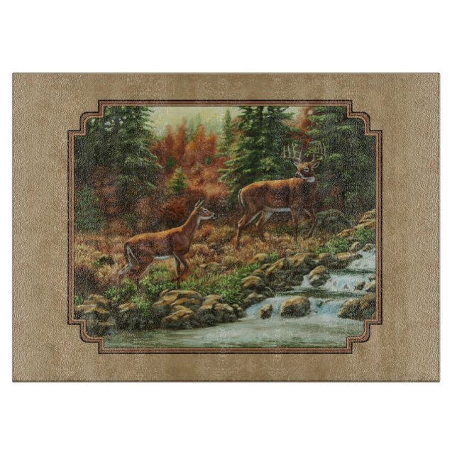 Deer and Stream Waterfall Tan Cutting Board (Front)