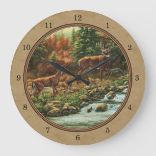 Deer and Stream Waterfall Tan Large Clock