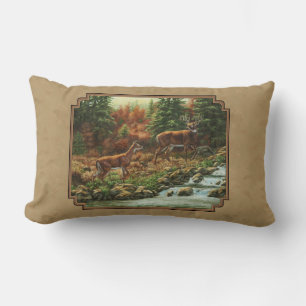Deer and Stream Waterfall Tan Lumbar Cushion
