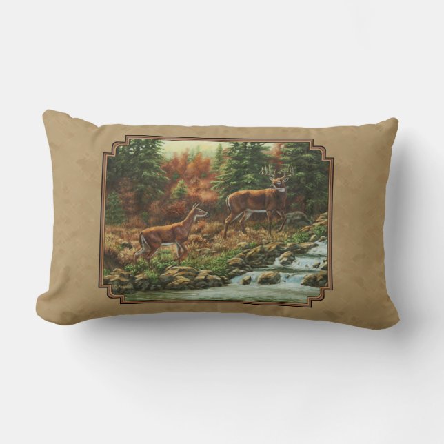 Deer and Stream Waterfall Tan Lumbar Cushion (Front)